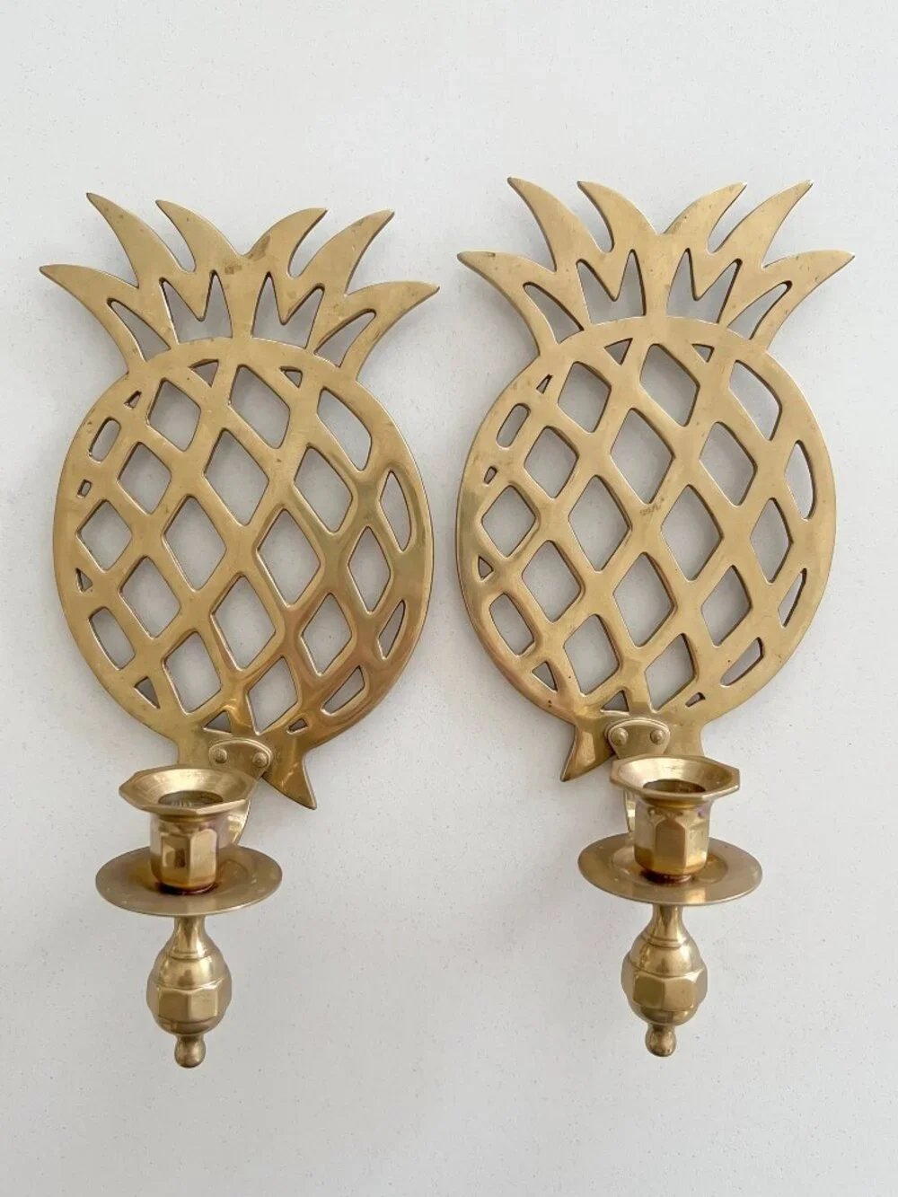 Vintage Brass Pineapple Wall Sconces Pair Taper Candlestick Holders 11.5” Decor